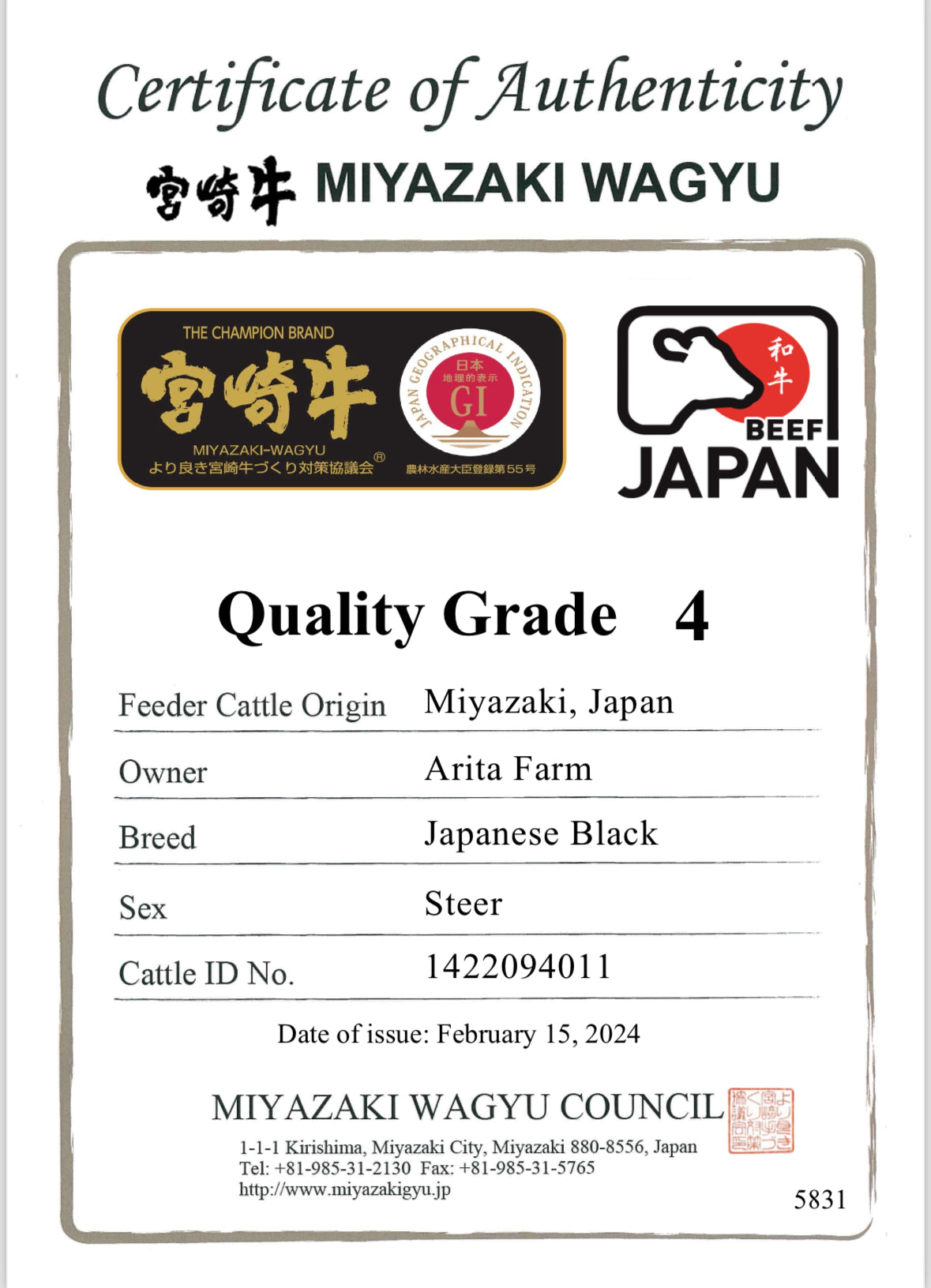 Japanese A4 Wagyu | Miyazaki | Arita | Rib Cap Lifter | 8 oz